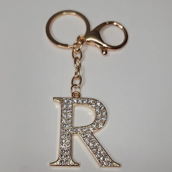 Letter R Initial R Alphabet R Rhinestone Gold Key Chain Bag Charm - Picture 7 of 7